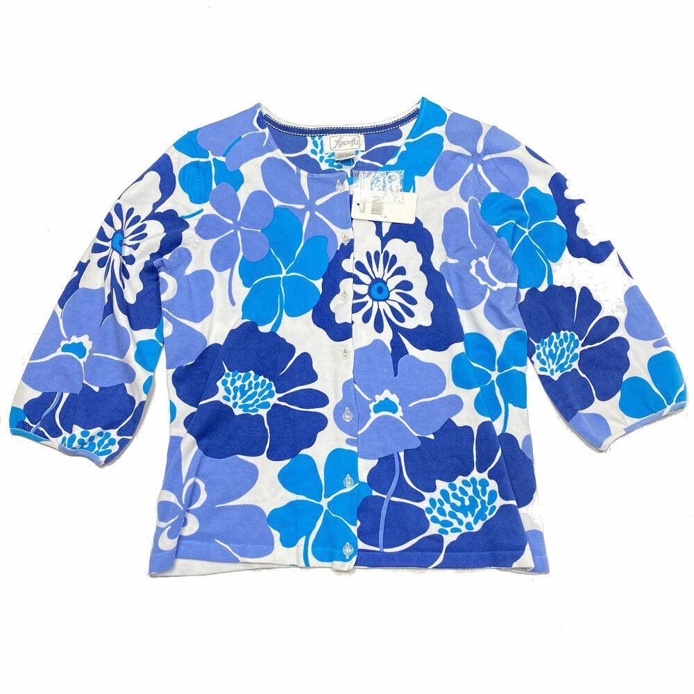 Foxcroft Summer Sweater Size M Blue White Floral‎ Womens $120